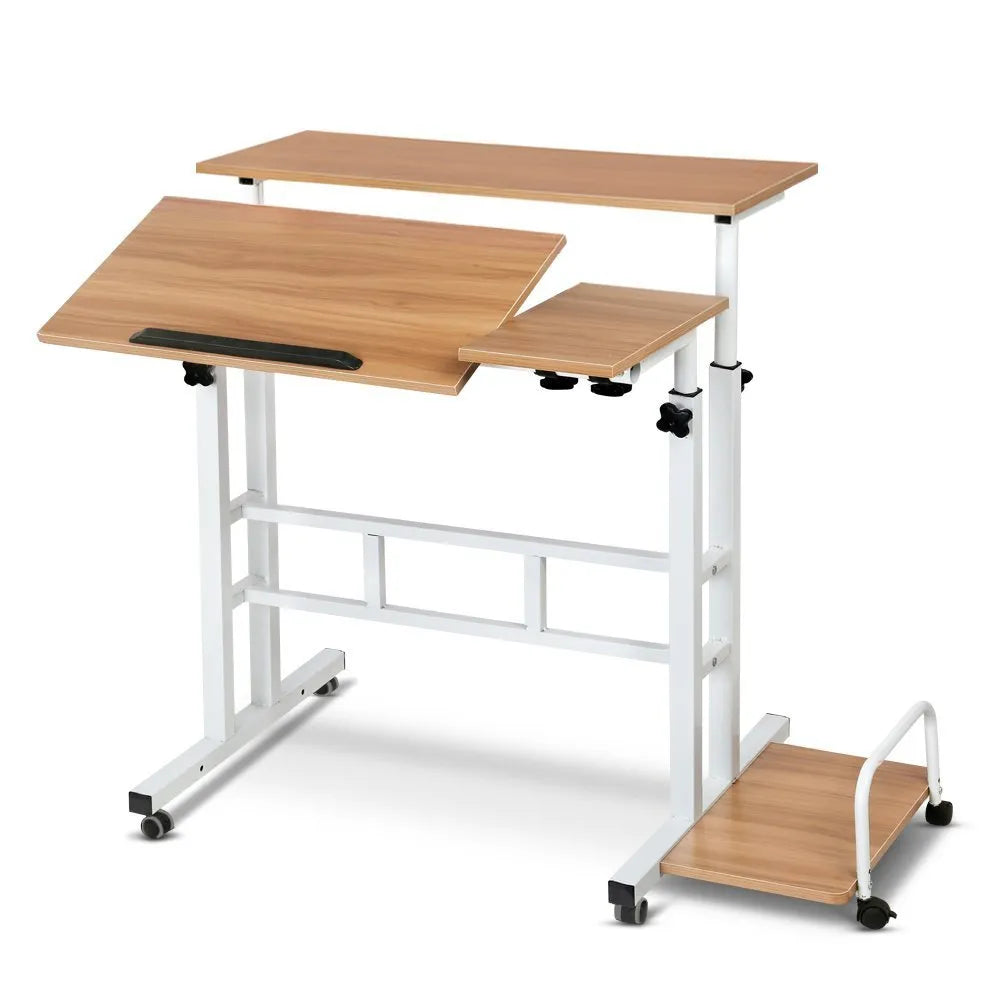 Mobile computer lifting foldable standing desk in walnut colour with plate material construction for bedroom or bedside use