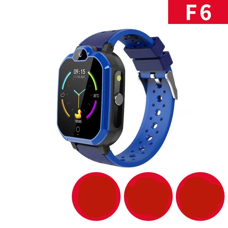 A child's blue silicone strap smartwatch with a touchscreen showing a video call interface.