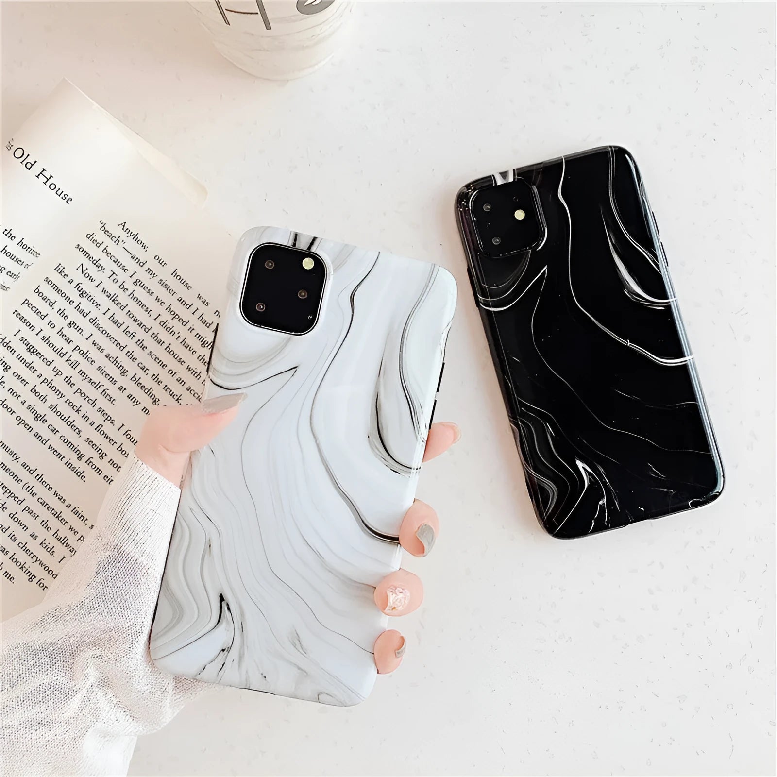 Marble mobile phone case for iPhone in white with IMD soft shell construction
