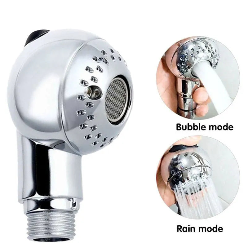 Silver handheld pet shower head with gentle non-pressurised spray for washing dogs and babies.