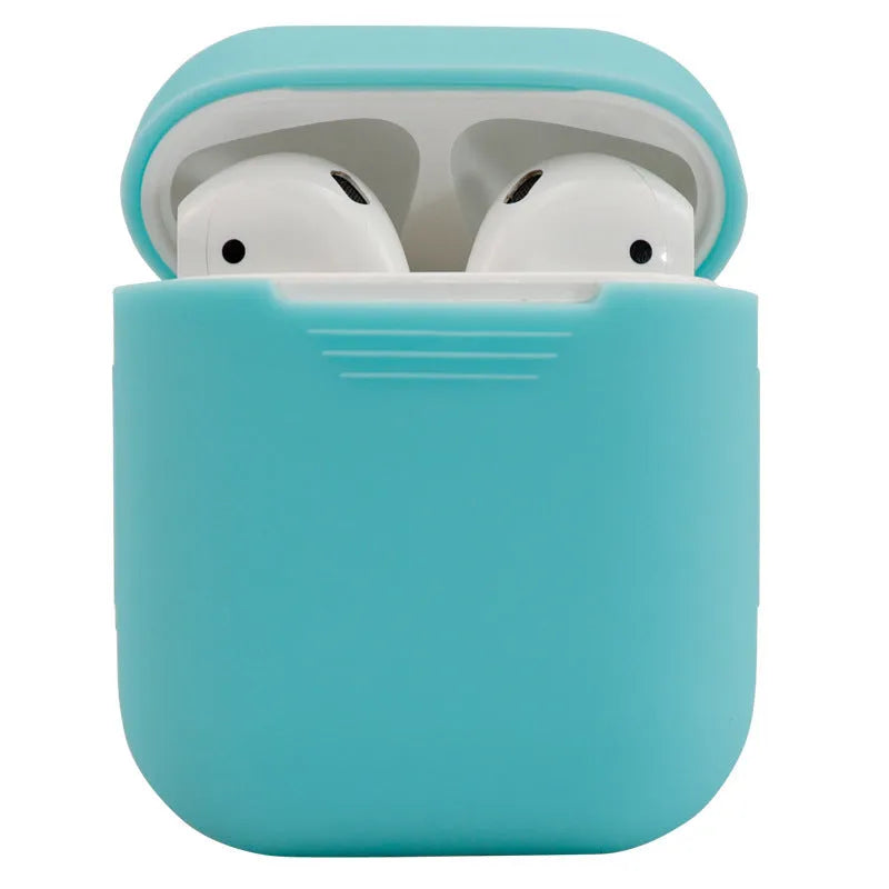 Silicone protective case for Apple AirPods shown in multiple colours, with dimensions 56mm by 47mm.