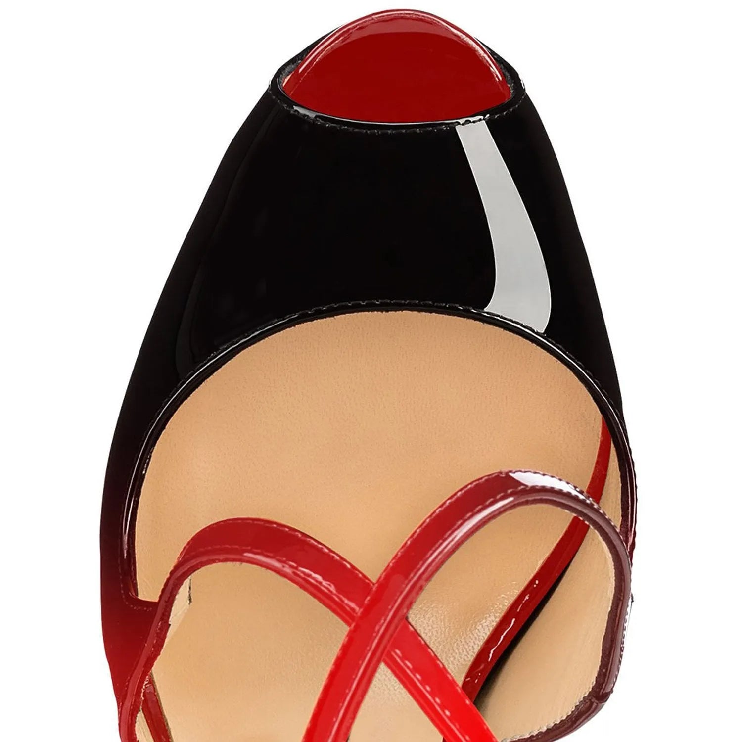 Black and red women's peep toe high heel shoes with cross strap design and high heel.
