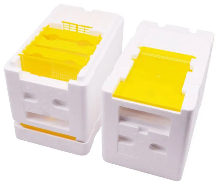 Three white EPS foam mini delivery boxes for beehive mating and breeding tool set.