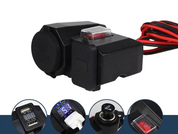 Motorcycle USB waterproof car charger with dual ports voltmeter and cigarette lighter black