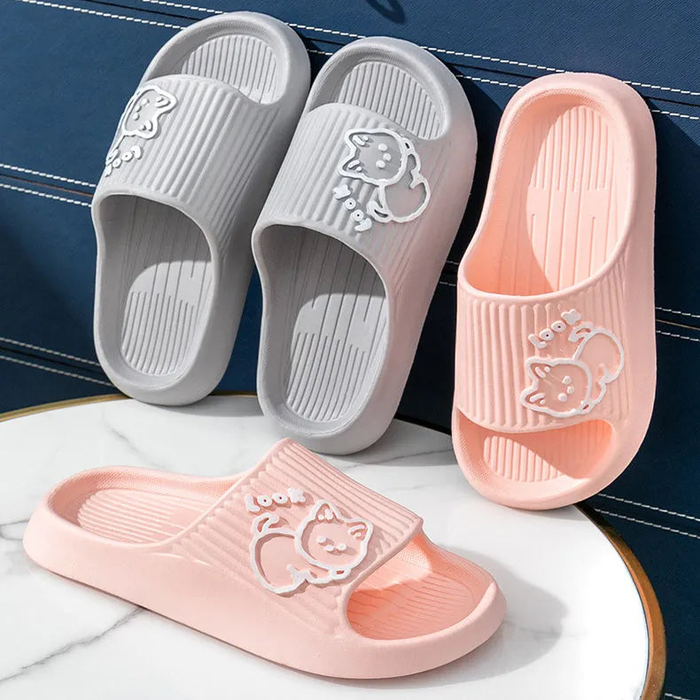 Cat-shaped thick platform EVA slippers in various colours on a non-slip sole