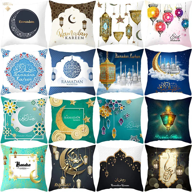 Eid Mubarak printed pillowcase on soft peach skin fabric 44x44cm for Ramadan home decor