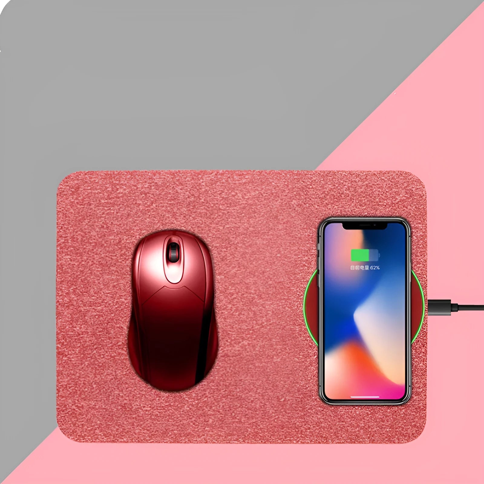 Wireless charging mouse pad showing cloth surface with Qi charging zone and 30cm x 22cm dimensions