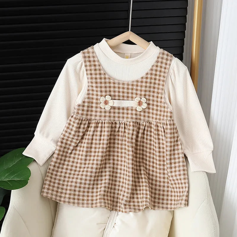 Baby girl cotton blend dress suit with plaid pattern and long sleeves in dark coffee colour