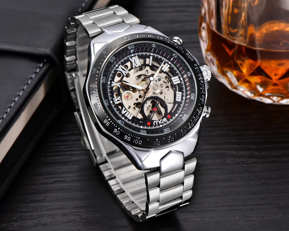 MCE men's explosion proof automatic mechanical watch with stainless steel case and leather strap.