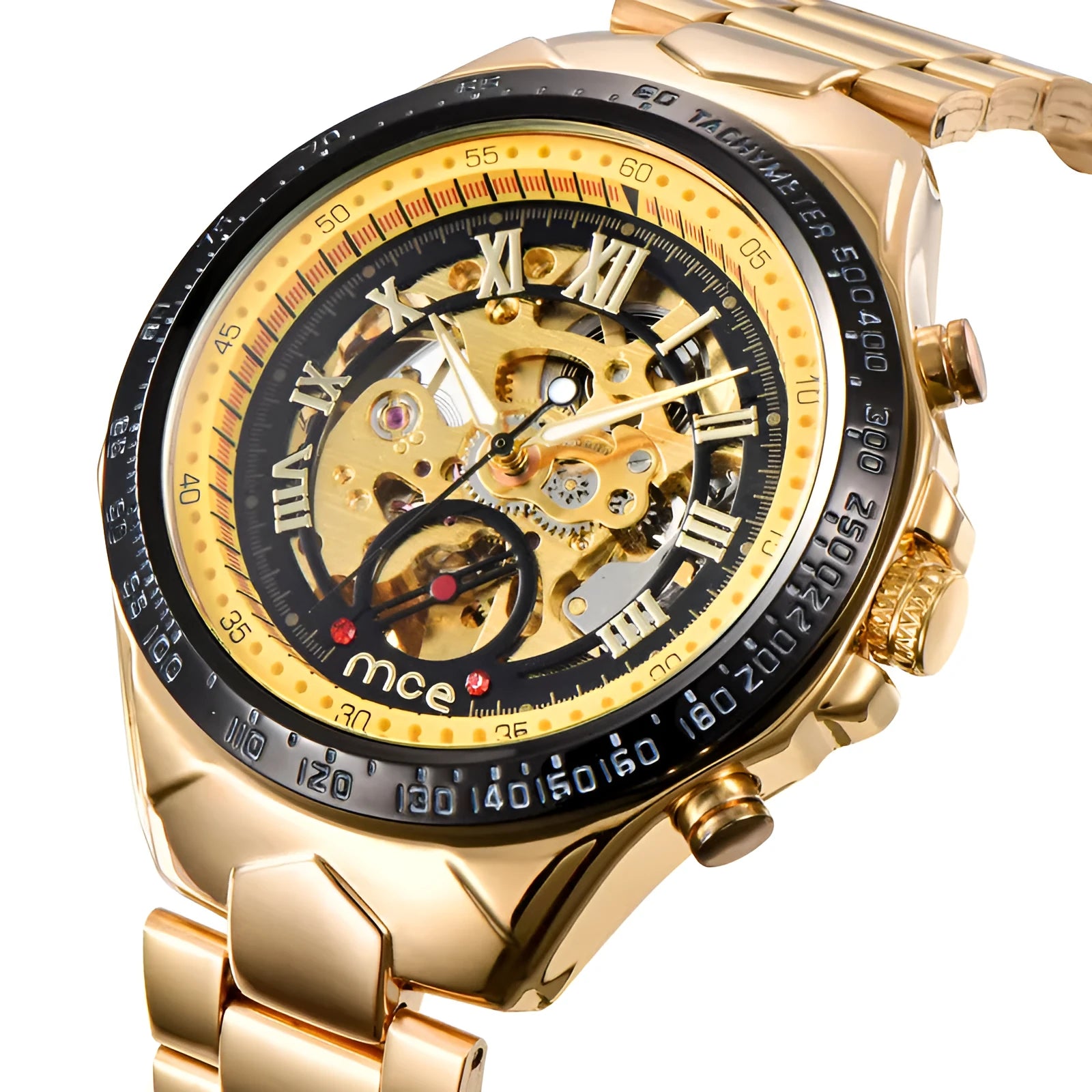 MCE men's explosion proof automatic mechanical watch with stainless steel case and leather strap.