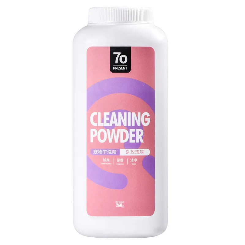 Bottle of dog dry cleaning powder deodorant in 260g size with choice of rose, orange or menthol fragrance
