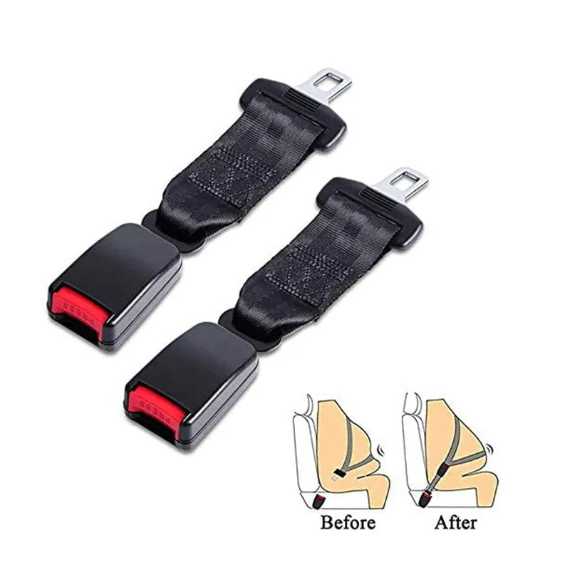 Black 36cm car seat belt extender with buckle for 21mm seat belt inserts.
