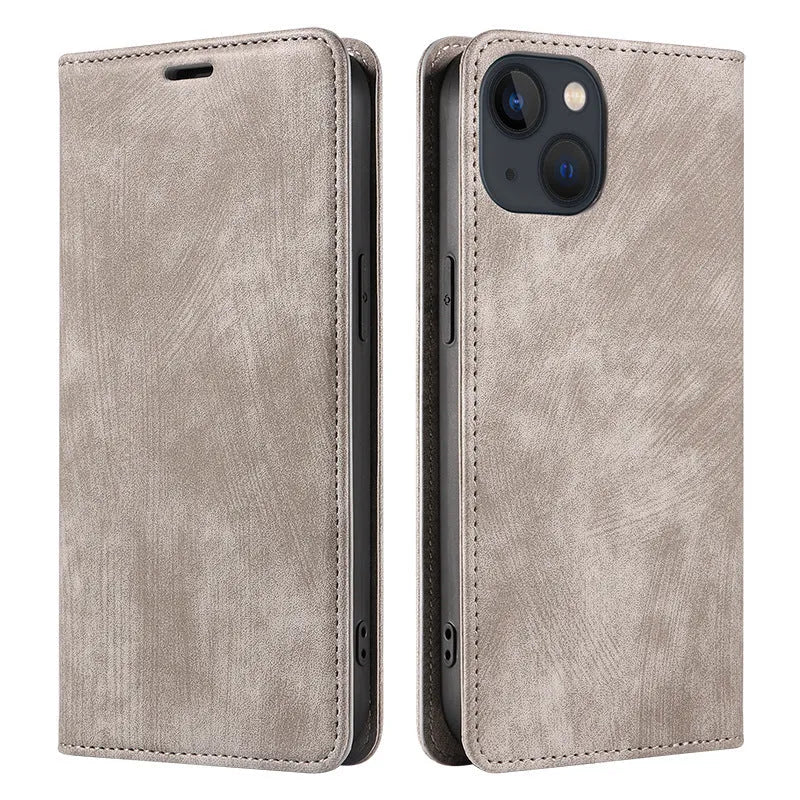 Magnetic flip phone case in synthetic leather showing closed front cover and open view revealing card slot for iPhone.