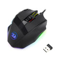 Black Redragon M801P dual-mode gaming mouse with multiple side buttons on a desk