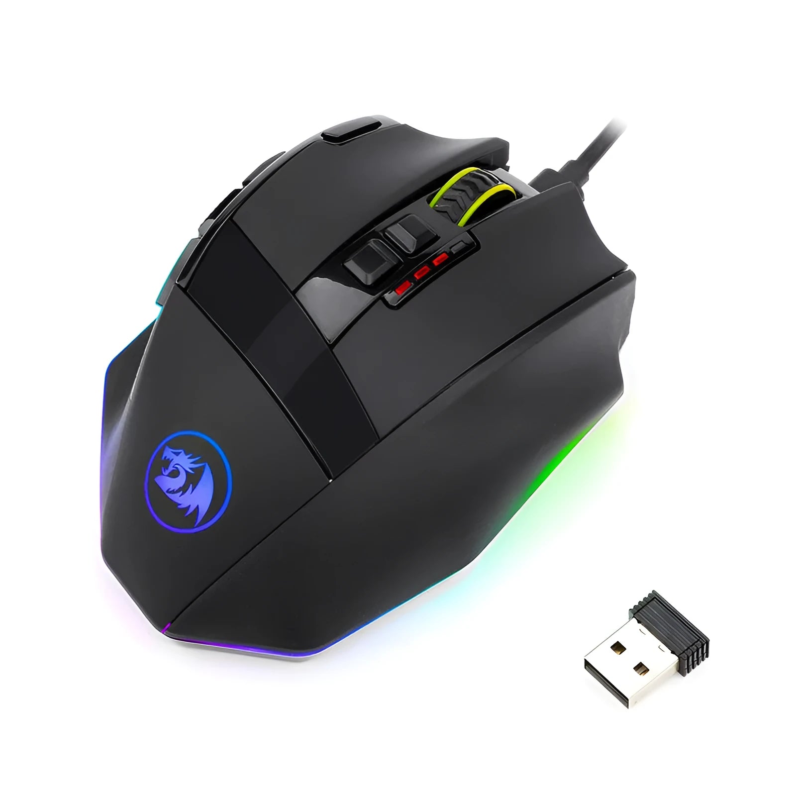 Black Redragon M801P dual-mode gaming mouse with multiple side buttons on a desk