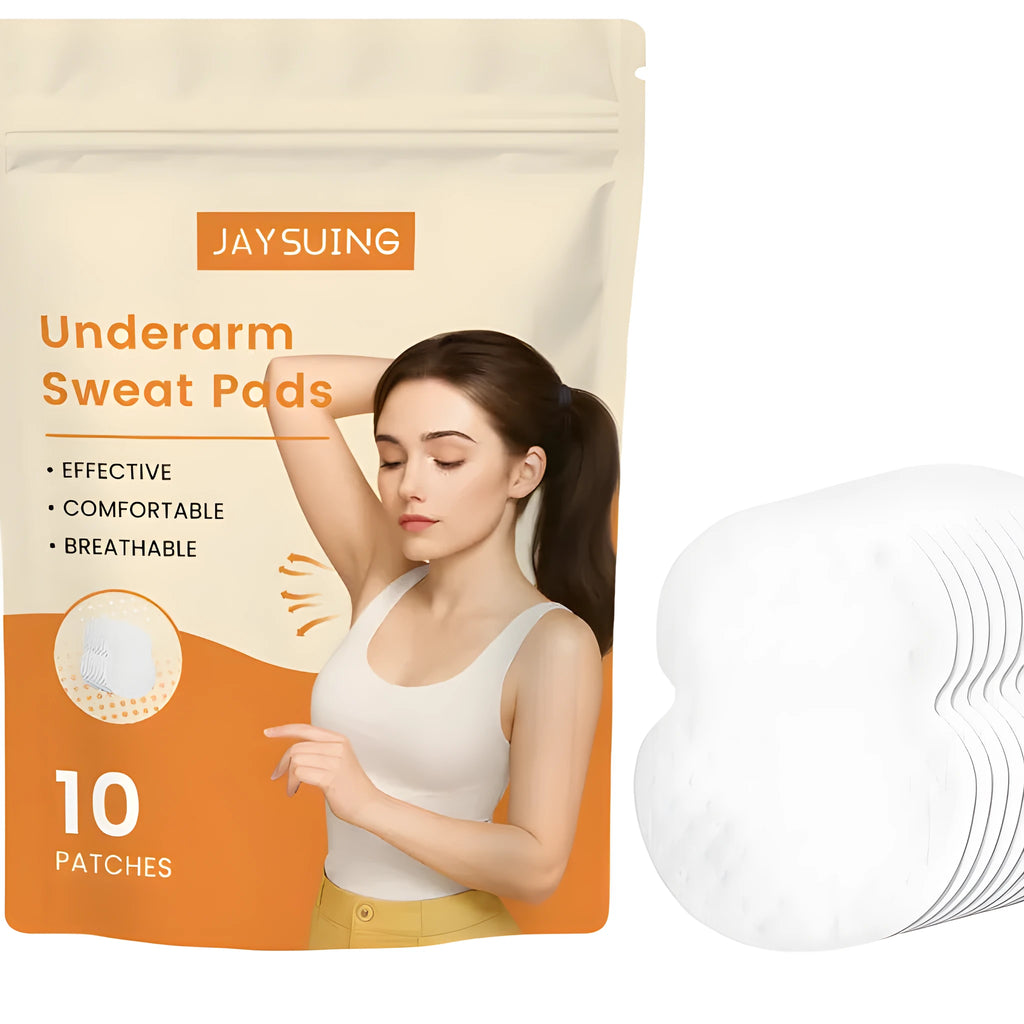 Pack of 10 reusable adhesive underarm sweat absorbing patches.