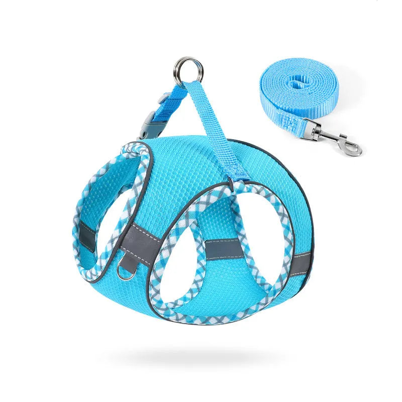 Step-in dog harness with leash in breathable mesh with reflective trim