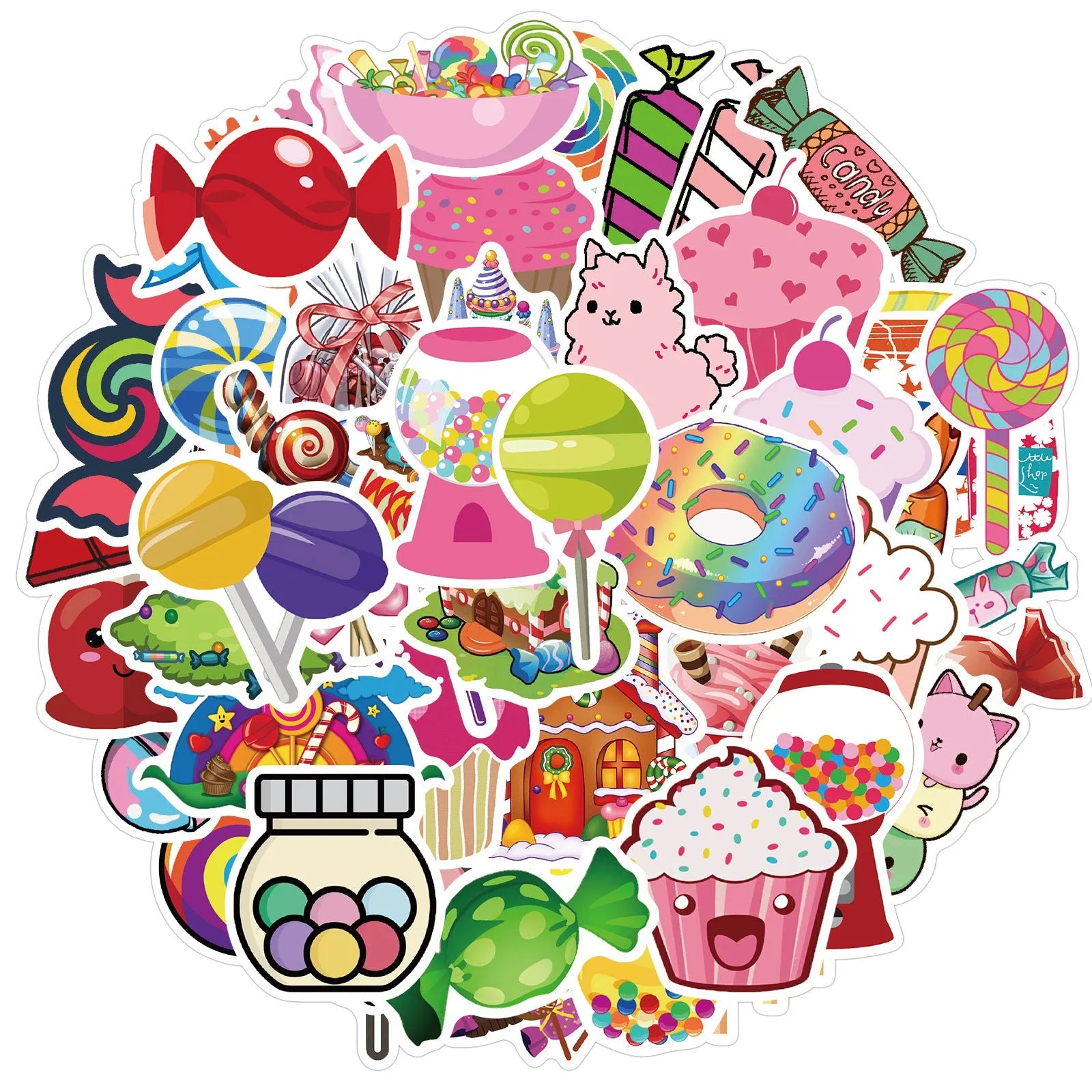 Candy series graffiti colour adhesive stickers pack with cartoon cute designs, 50 sheets each 4-6cm