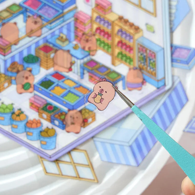 Eight themed landscaping hand account stickers including pink restaurant, yellow bakery, green hot spring, and blue fruit shop designs.