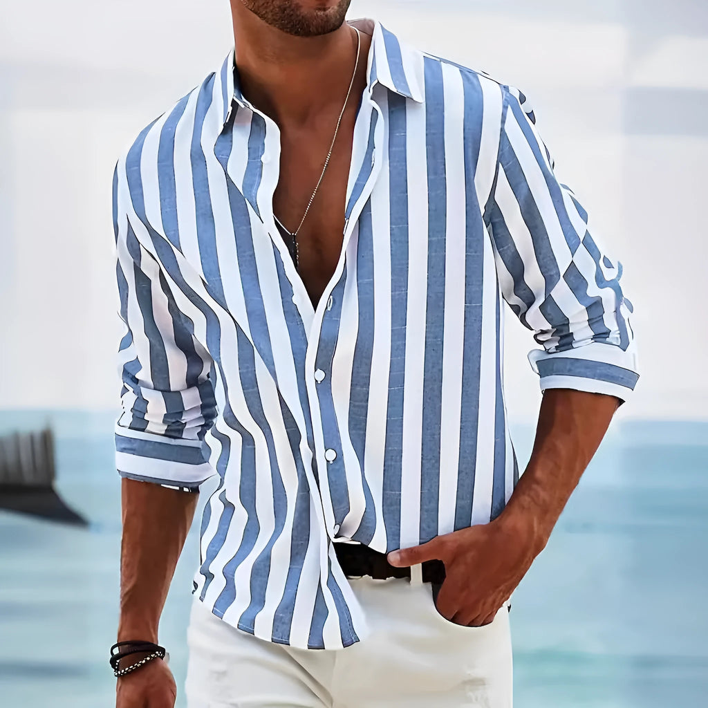 Man wearing a loose-fit yarn-dyed striped long-sleeved casual shirt in light grey.