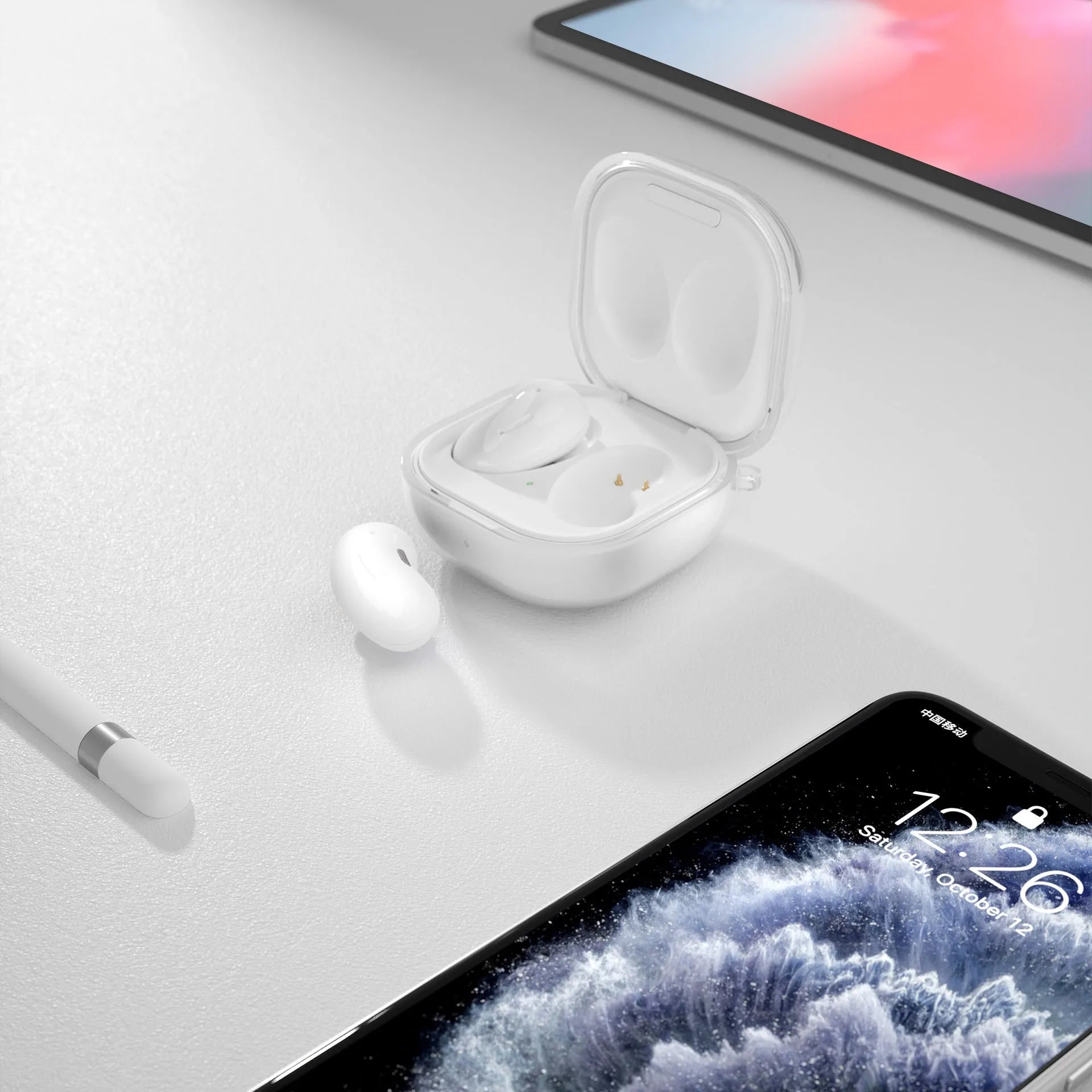 Clear plastic Bluetooth earphone replacement case showing transparent, gold, black, and purple colour options.