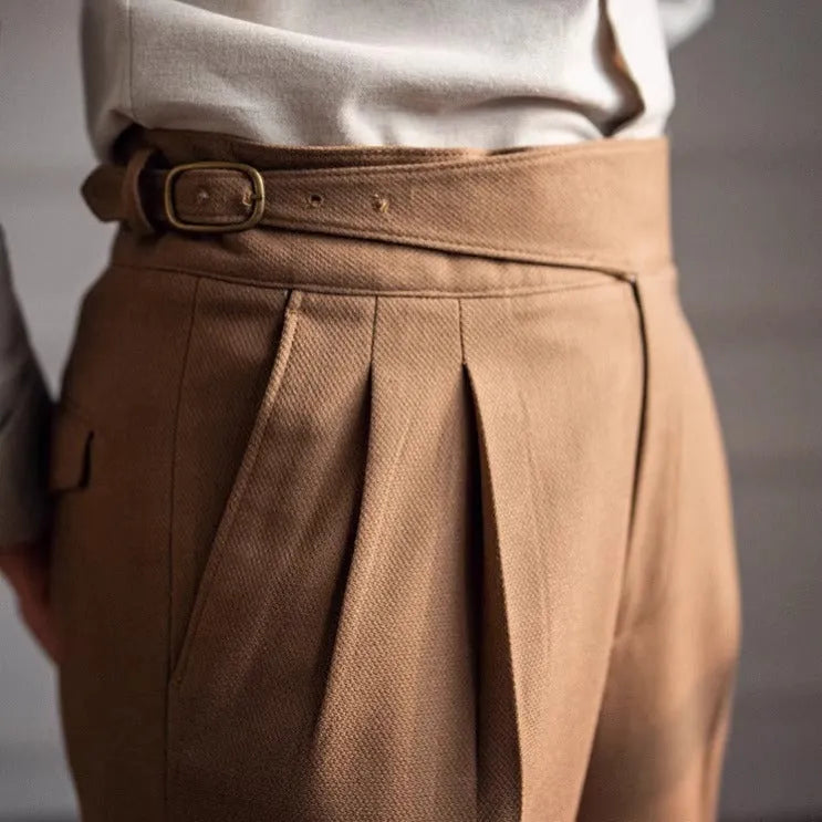 Men's high-waist straight-leg casual trousers in black polyester fabric