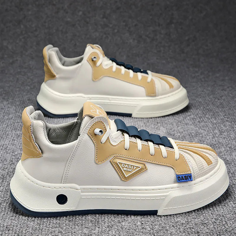 Men's beige low-top sneakers with elastic band and round toe on a flat plastic sole.
