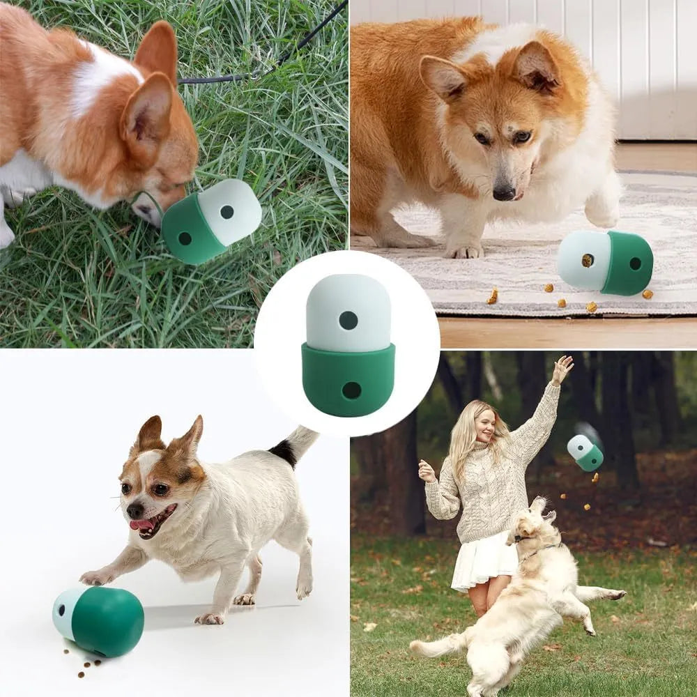 White and blue food-grade silicone dog treat puzzle ball for interactive chase play.