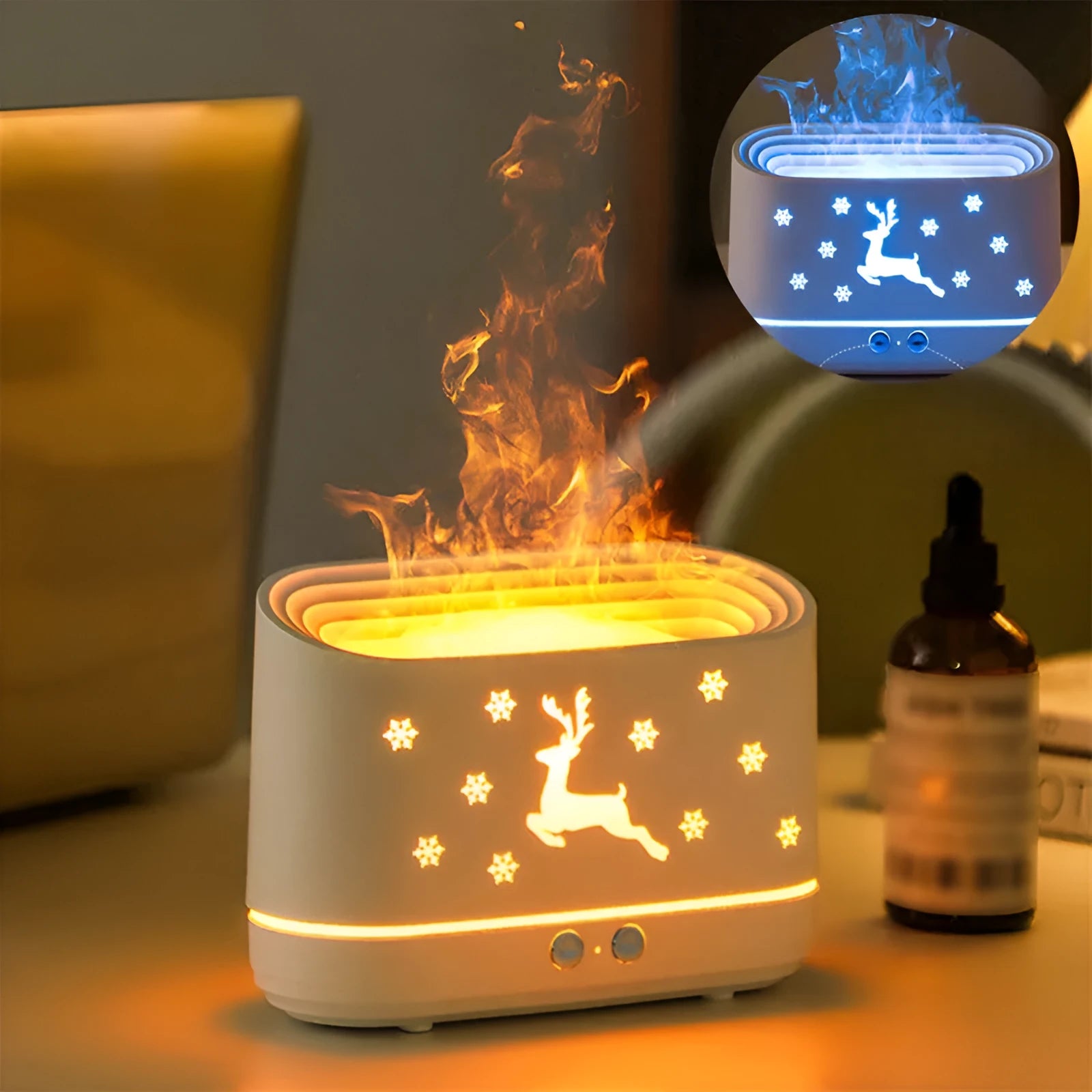 White round Elk flame effect humidifier diffuser with night light on a table.
