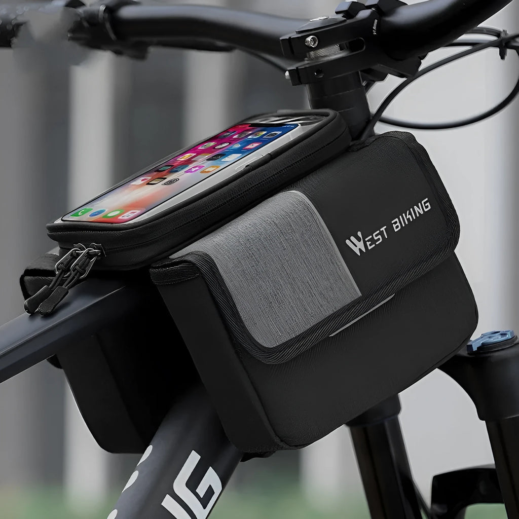 Black and grey bilateral tube saddle bag mounted on bicycle frame with 2L capacity