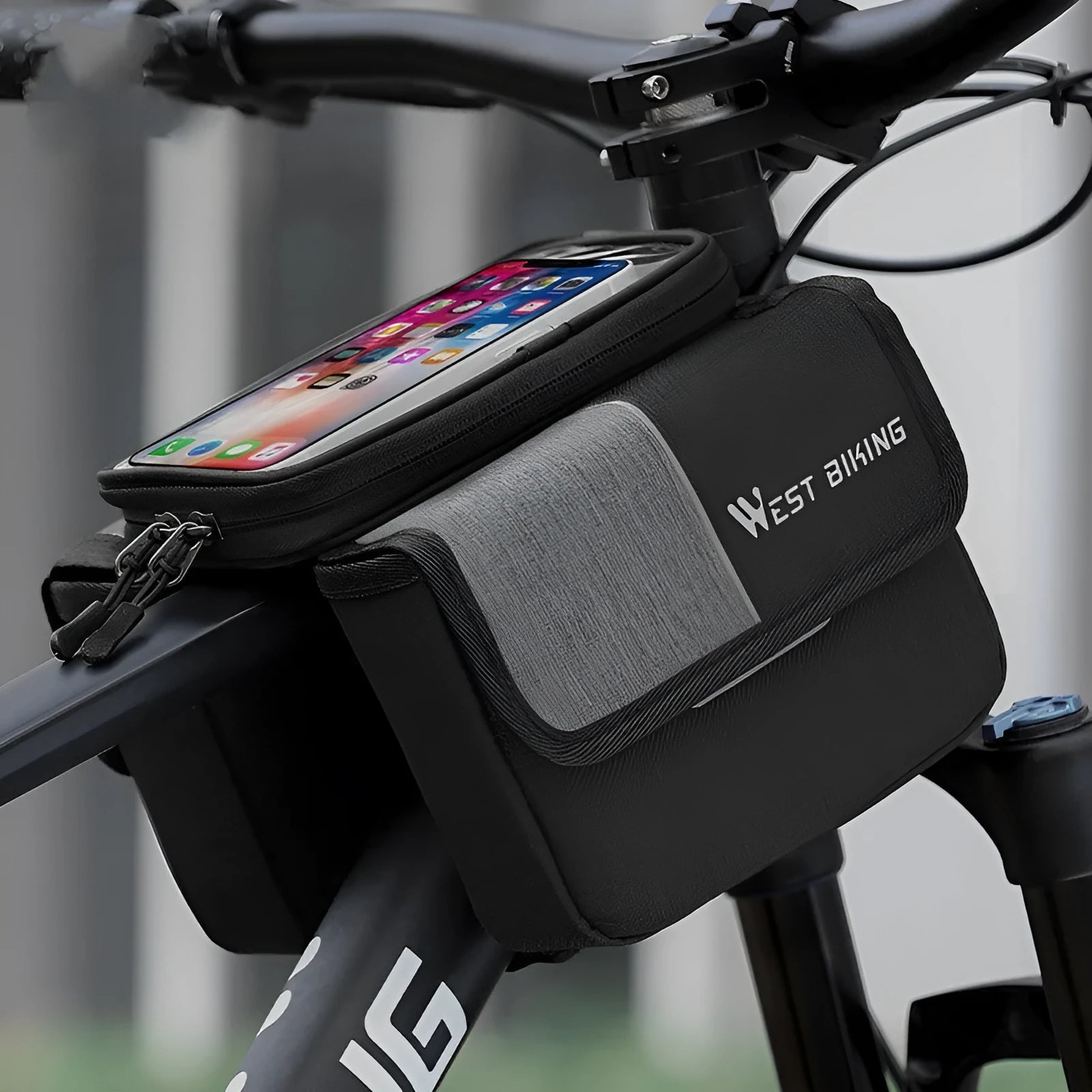Black and grey bilateral tube saddle bag mounted on bicycle frame with 2L capacity