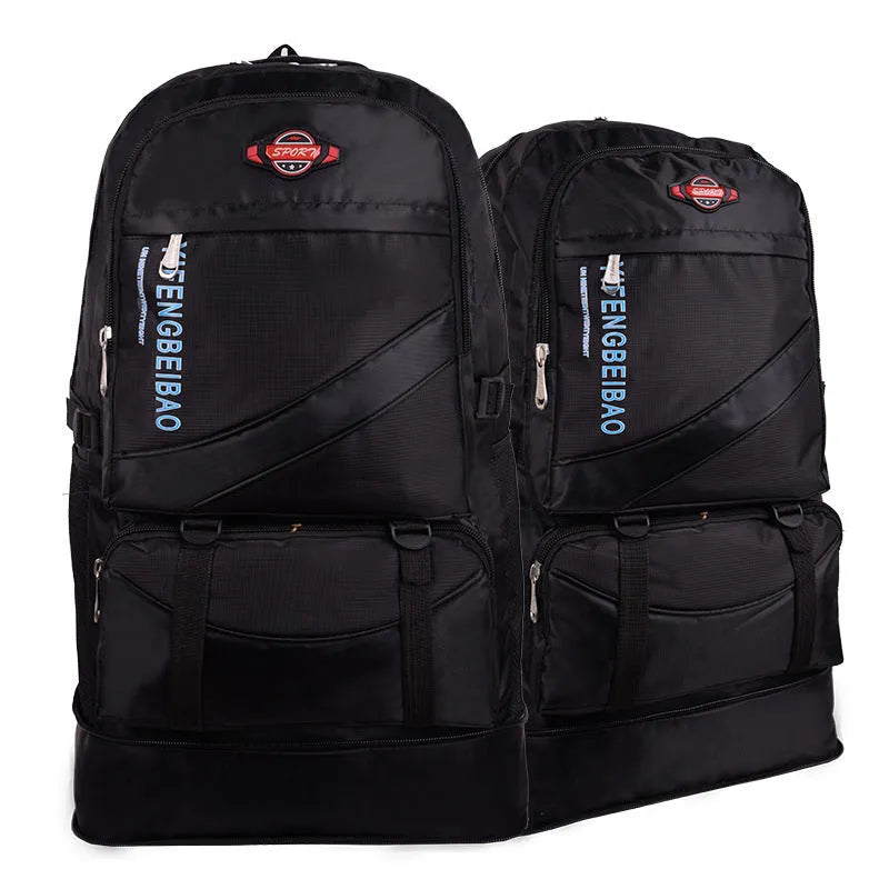 Men's simple outdoor sports large-capacity backpack in black, 56-75 litre nylon, 17x37x64 cm