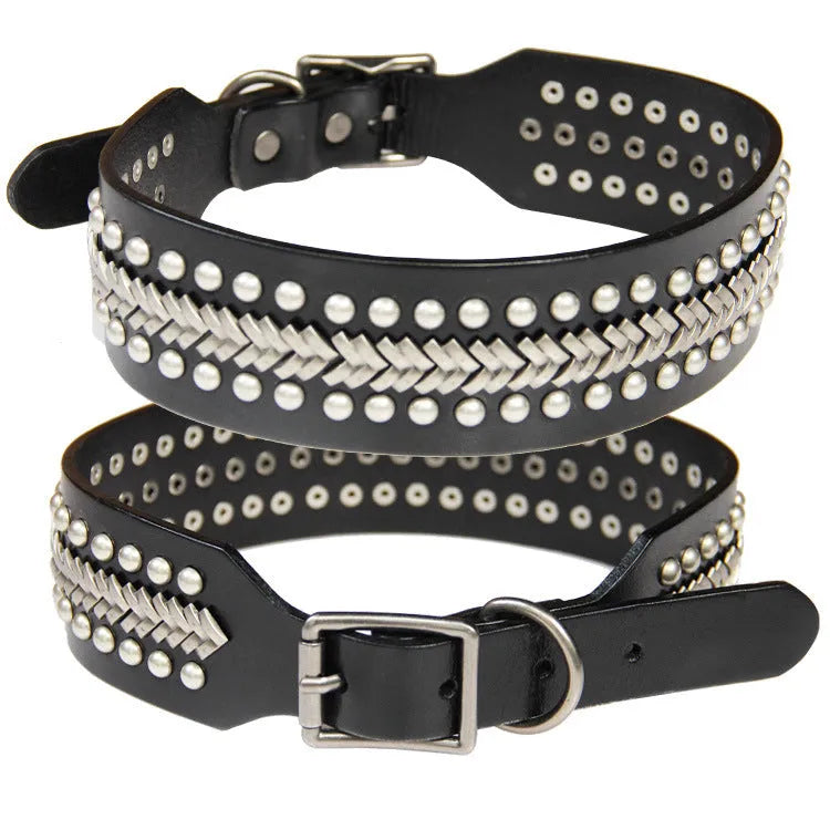 Leather dog collar with large metal rivets in a choice of five colours, laid flat.