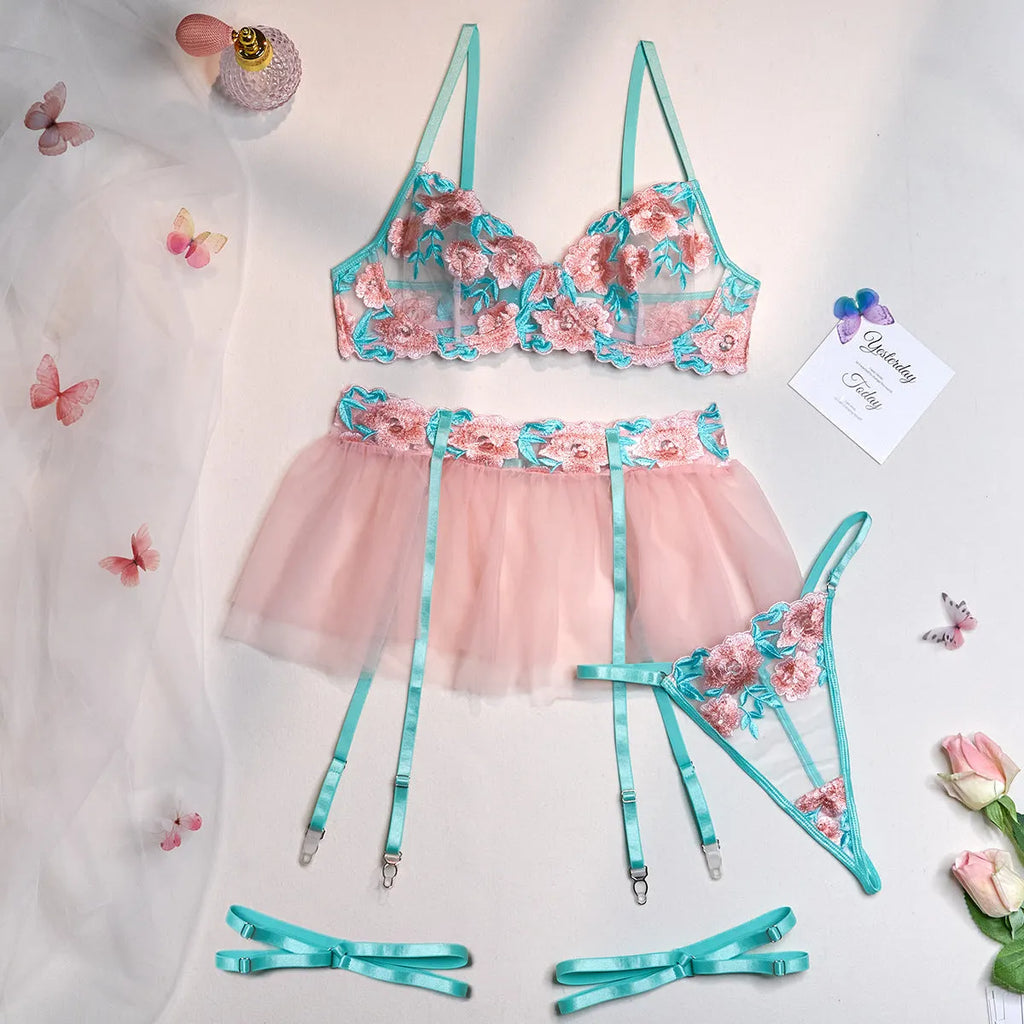 Women's pink embroidery mesh pettiskirt suit set with matching high-waisted bikini top