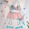 Women's pink embroidery mesh pettiskirt suit set with matching high-waisted bikini top