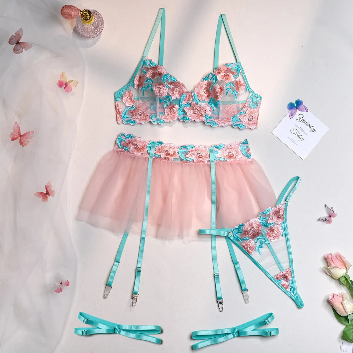 Women's pink embroidery mesh pettiskirt suit set with matching high-waisted bikini top