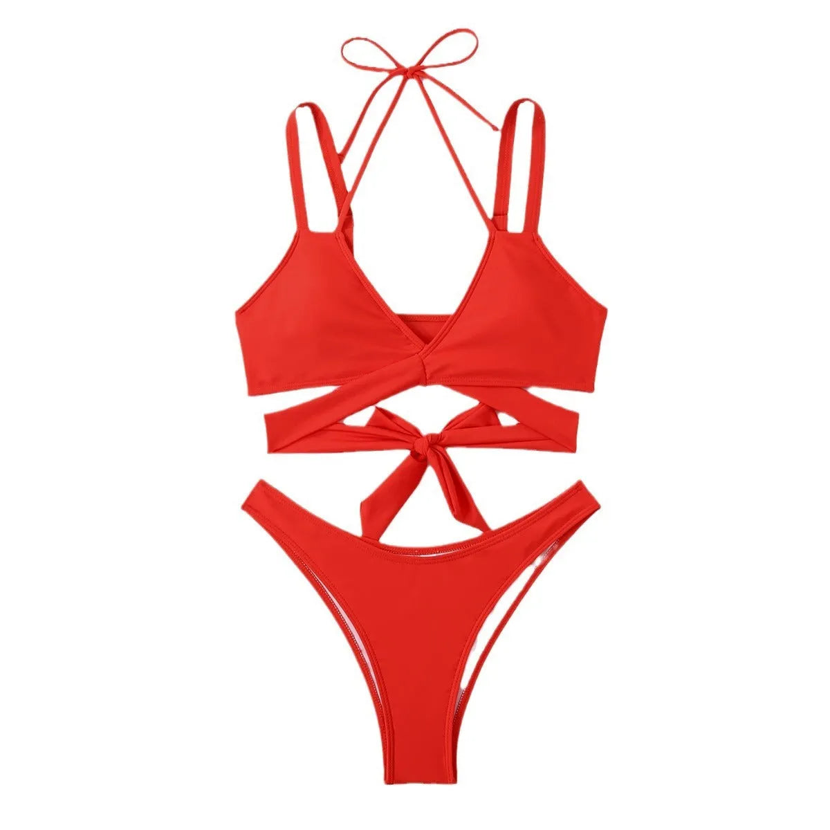 Women's solid colour strap bikini swimsuit on a mannequin, shown in black.