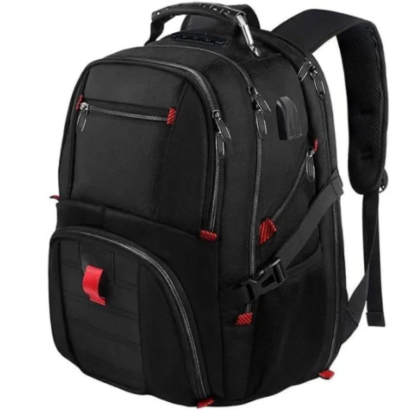 Large black USB backpack with curved shoulder straps showing front compartment and Oxford cloth material