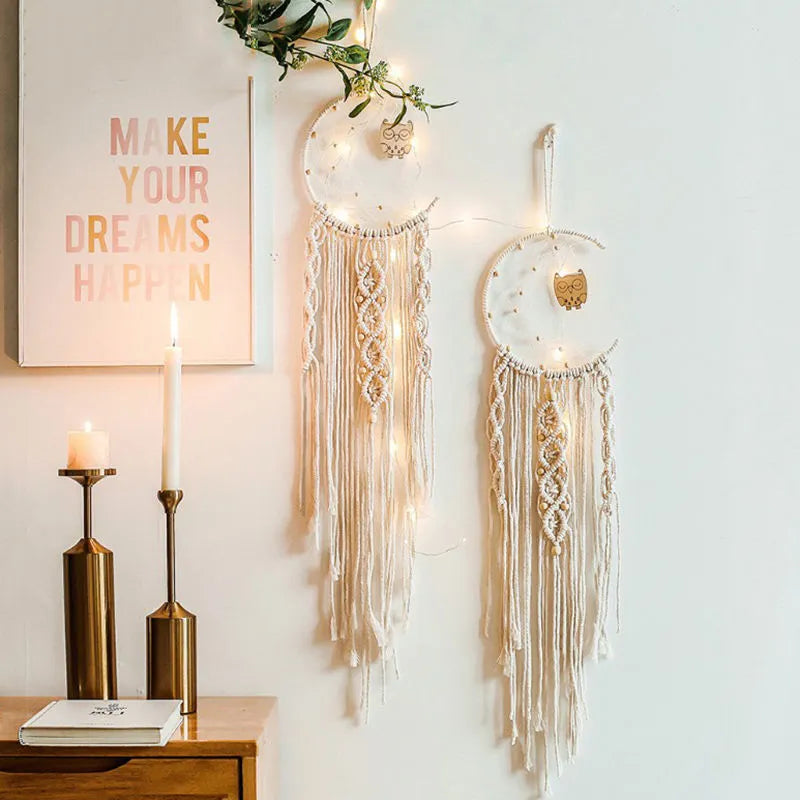 Handmade woven dreamcatcher hanging lamp with light, 90cm long cotton thread