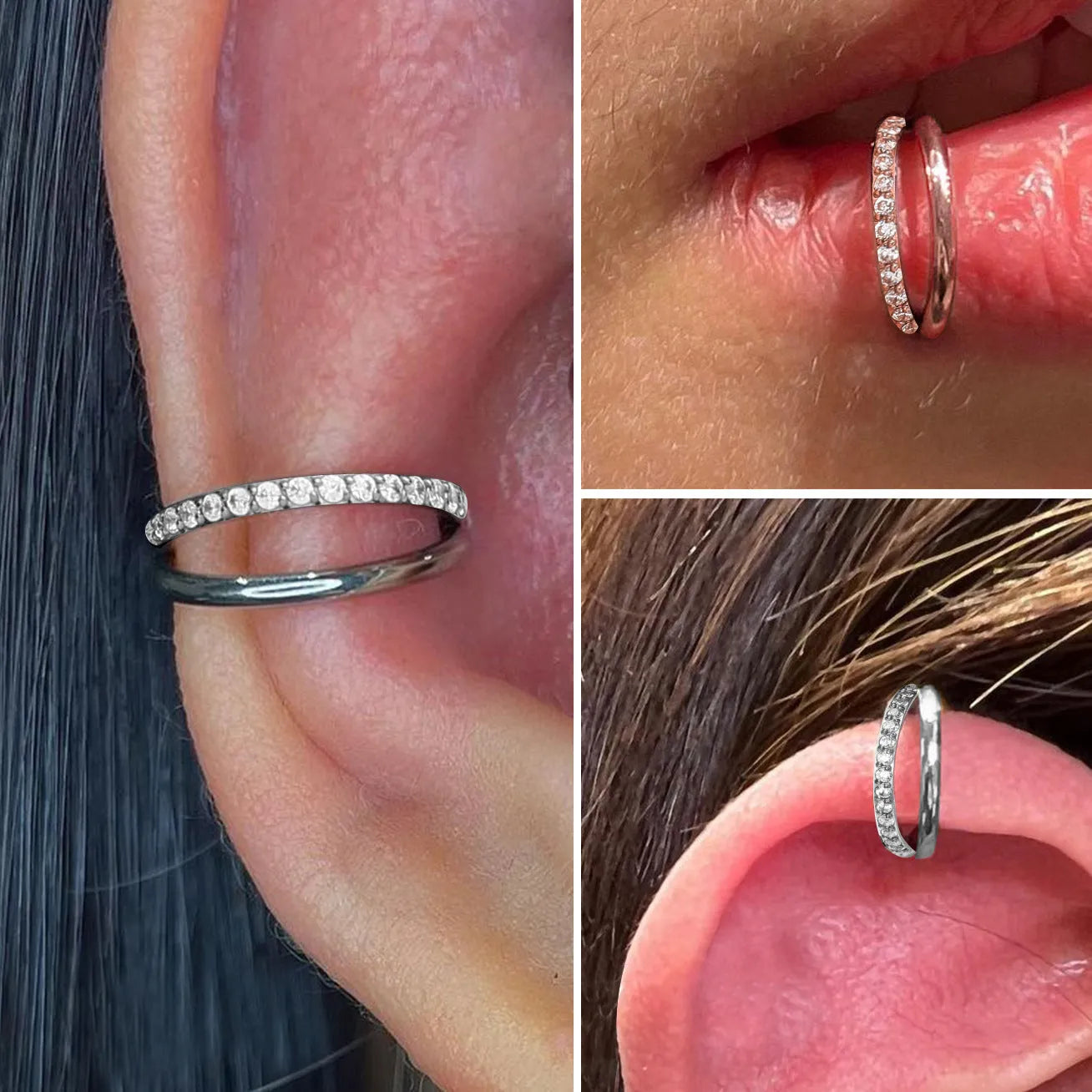 Titanium alloy straight barbell nose ring in silver with diamond detail on a grey background.