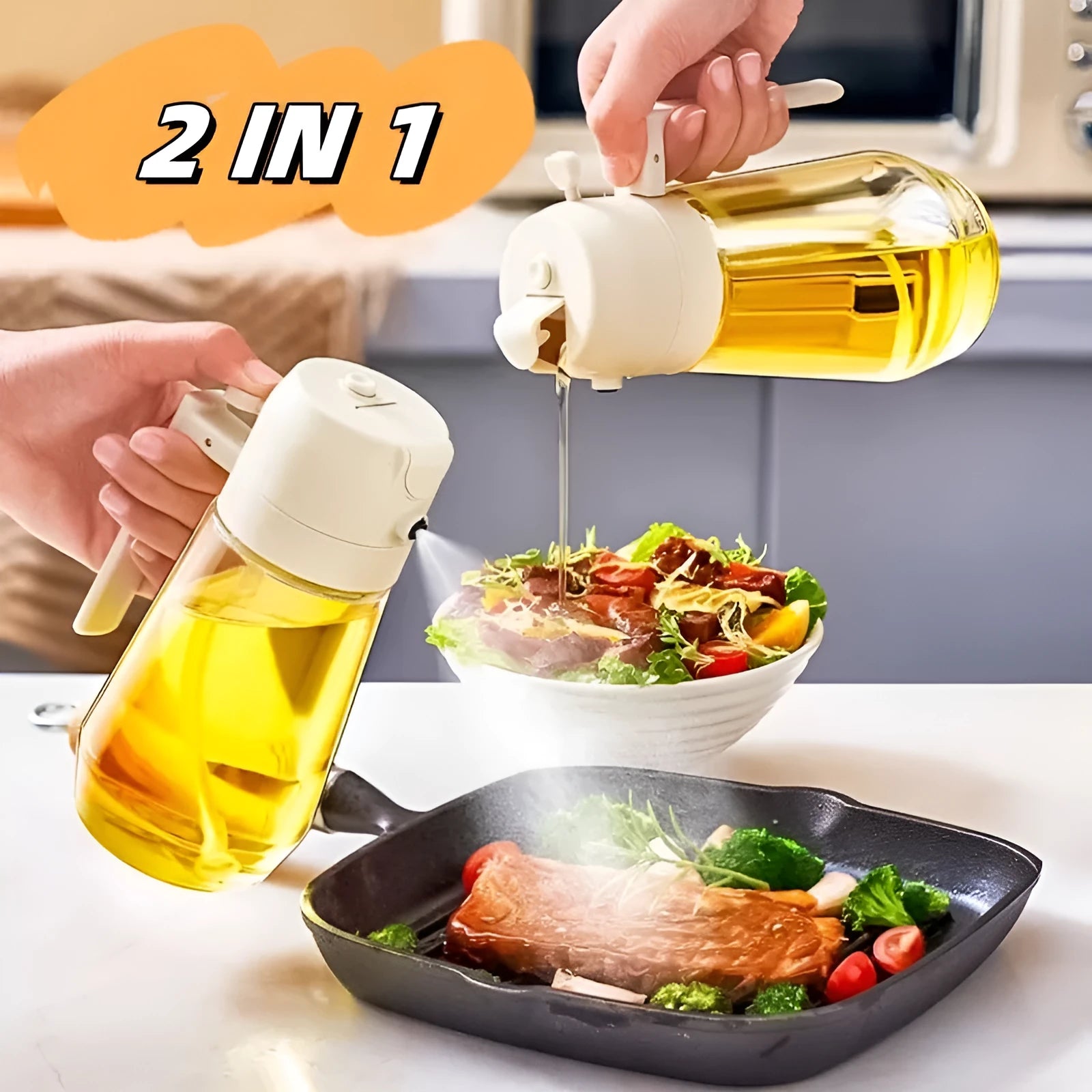 470ml glass oil sprayer and pour bottle in beige, black, green, and yellow colours with ergonomic handle