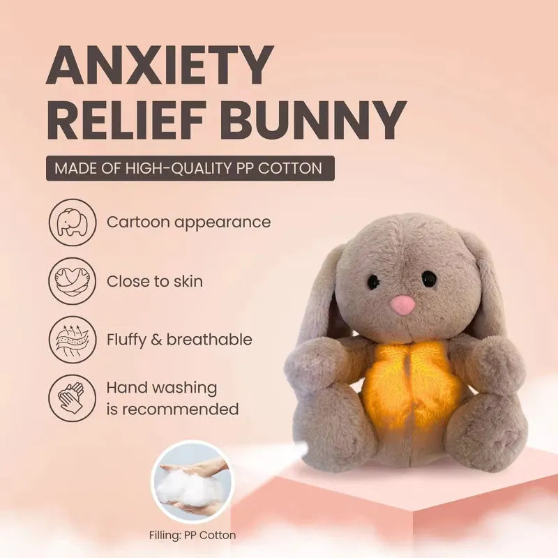Breathing rabbit plush toy with moving belly, music functions, and soft fabrics for infant comfort
