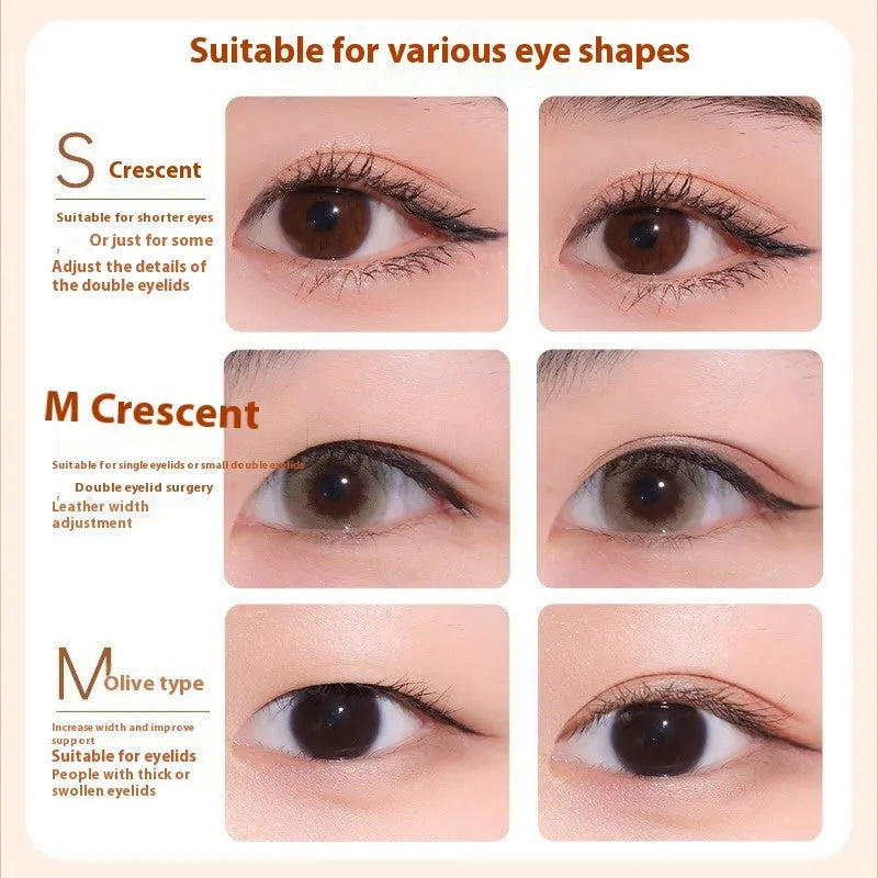 Double eyelid stickers in three lace patterns: Crescent S, Crescent M, and Olive M with 120 stickers per pack