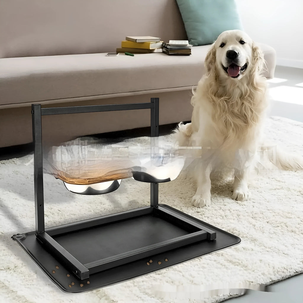 Black iron dog bowl rack stand holding three different sized pet bowls