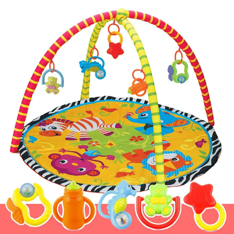 Colourful velvet baby gymnastic blanket with animal designs for crawling and play.