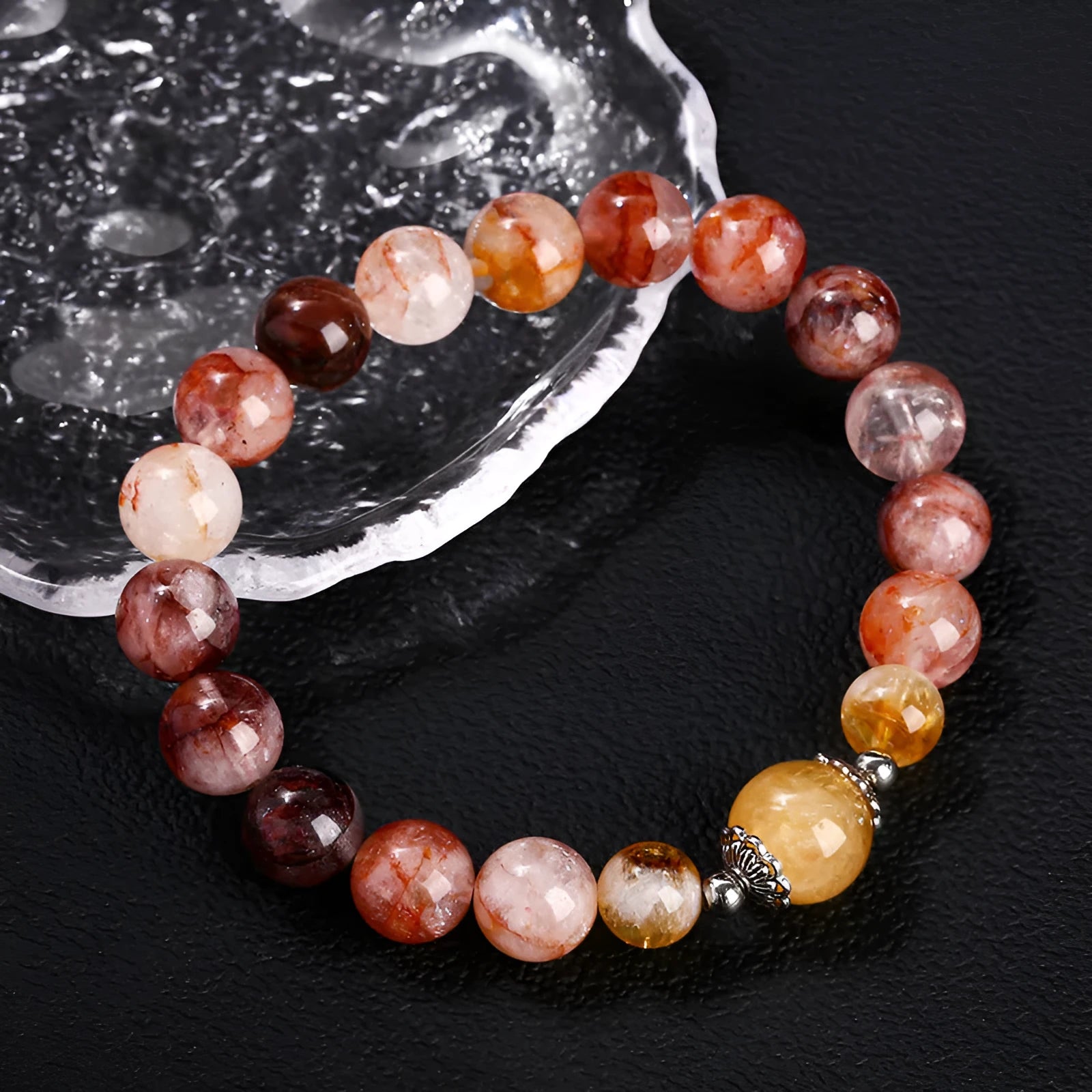 Handmade crystal bracelet with red sealant flower citrine lucky bead and geometric design