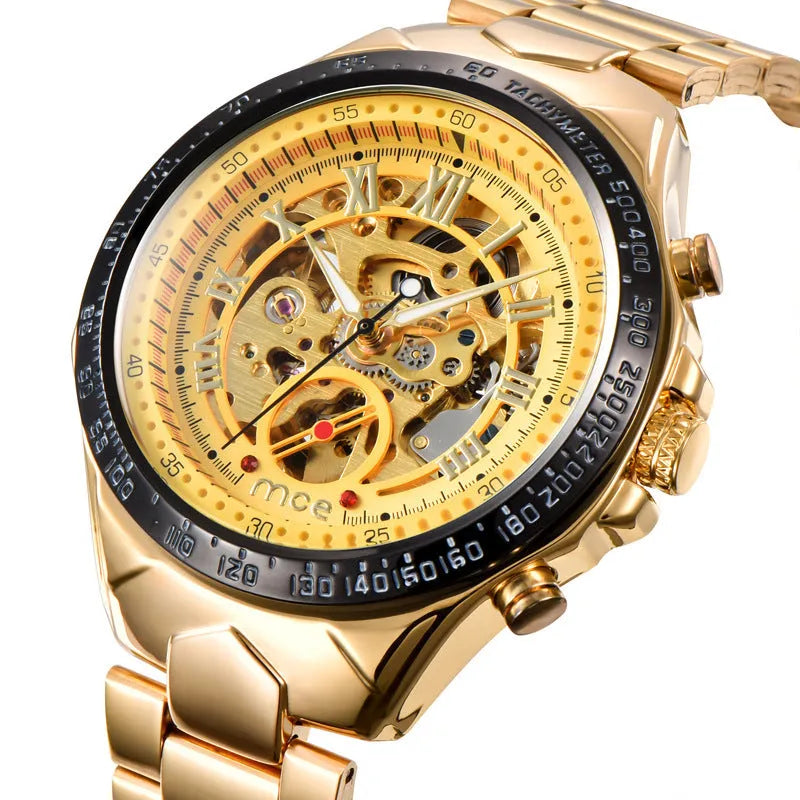 MCE men's explosion proof automatic mechanical watch with stainless steel case and leather strap.