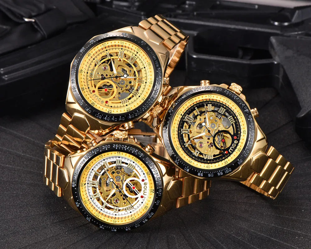 MCE men's explosion proof automatic mechanical watch with stainless steel case and leather strap.