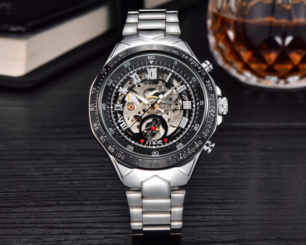 MCE men's explosion proof automatic mechanical watch with stainless steel case and leather strap.