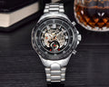 MCE men's explosion proof automatic mechanical watch with stainless steel case and leather strap.